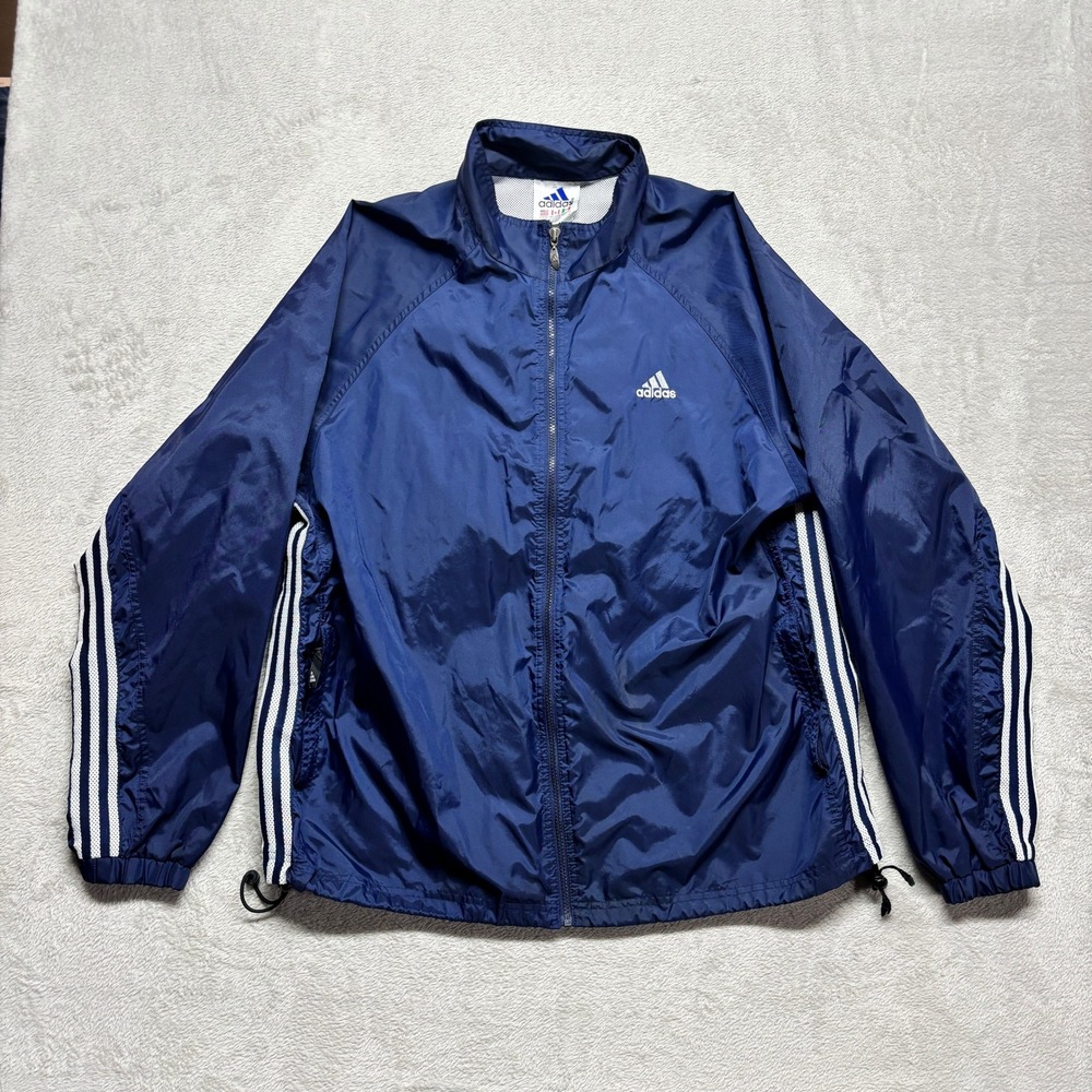 VTG Adidas Mens XL Navy Blue Windbreaker Full Zip Mesh Lined Jacket 3 Stripe Y2K